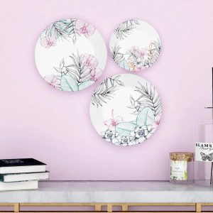 Ceramic Wall Plates With Beautiful Outline Flower Art Wall Hanging Plate - Set of 3