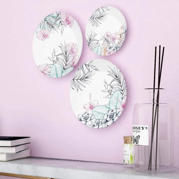 Ceramic Wall Plates With Beautiful Outline Flower Art Wall Hanging Plate - Set of 3 - Image 2