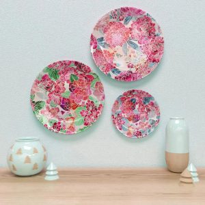 Ceramic Wall Plates With Beautiful Transparent Flowers Art Wall Hanging Plate - Set of 3