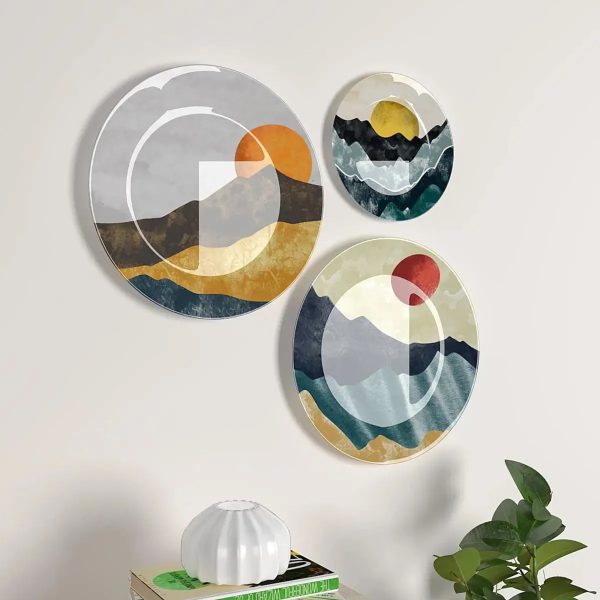 Ceramic Wall Plates with Beautiful Modern Art Mountain Scenery Wall Hanging Plate - Set of 3 - Image 2