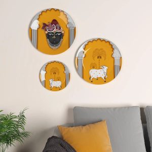 Decorative Wall Plates In Krishna & Kamdhenu Picchwai Design Set Of 3